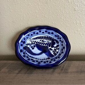 Talavera Puebla Mexican Pottery Oval Trinket Dish Blue White Hand Painted Small